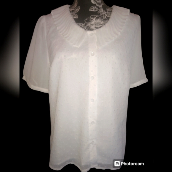 Swiss Dot Ruffled Collar Button Down Blouse - Picture 1 of 3